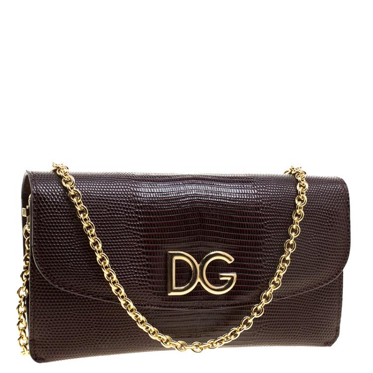 Pre Owned Dolce and Gabbana Burgundy Lizard Embossed Leather Clutch