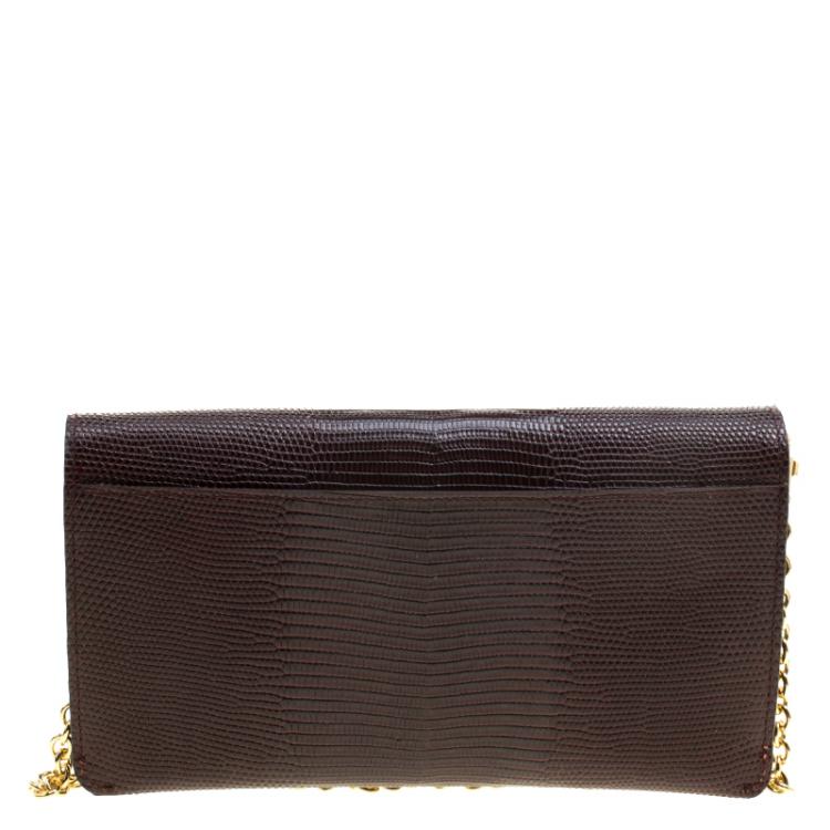 Pre Owned Dolce and Gabbana Burgundy Lizard Embossed Leather Clutch
