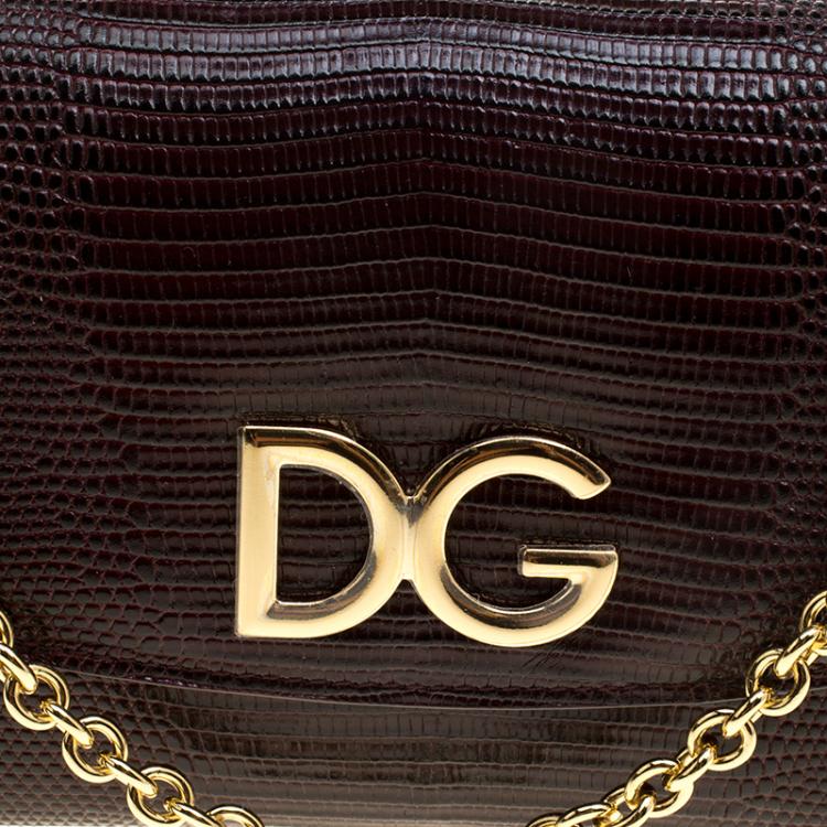 Pre Owned Dolce and Gabbana Burgundy Lizard Embossed Leather Clutch