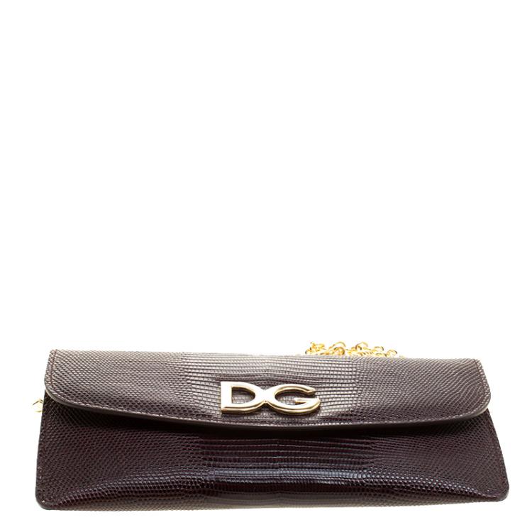 Pre Owned Dolce and Gabbana Burgundy Lizard Embossed Leather Clutch