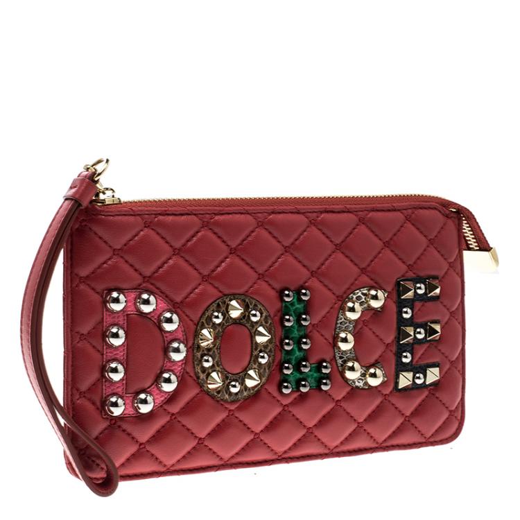 مملوكة مسبقًا Dolce and Gabbana Red Quilted Logo Studded Pouch