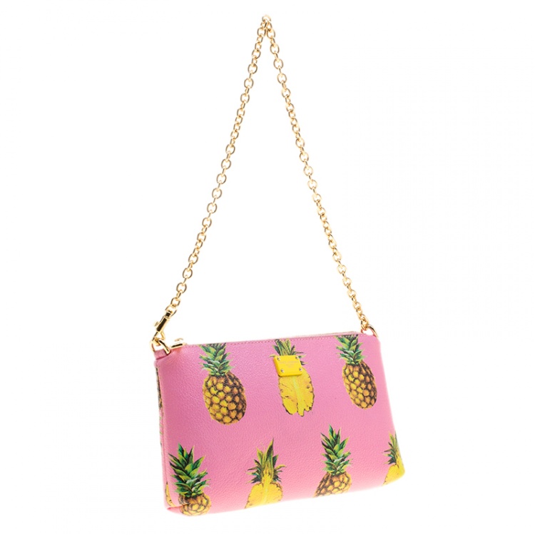 Pre Owned Dolce and Gabbana Pink Pineapple Print Leather Chain Clutch