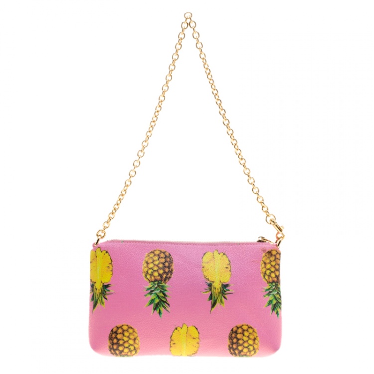 Pre Owned Dolce and Gabbana Pink Pineapple Print Leather Chain Clutch