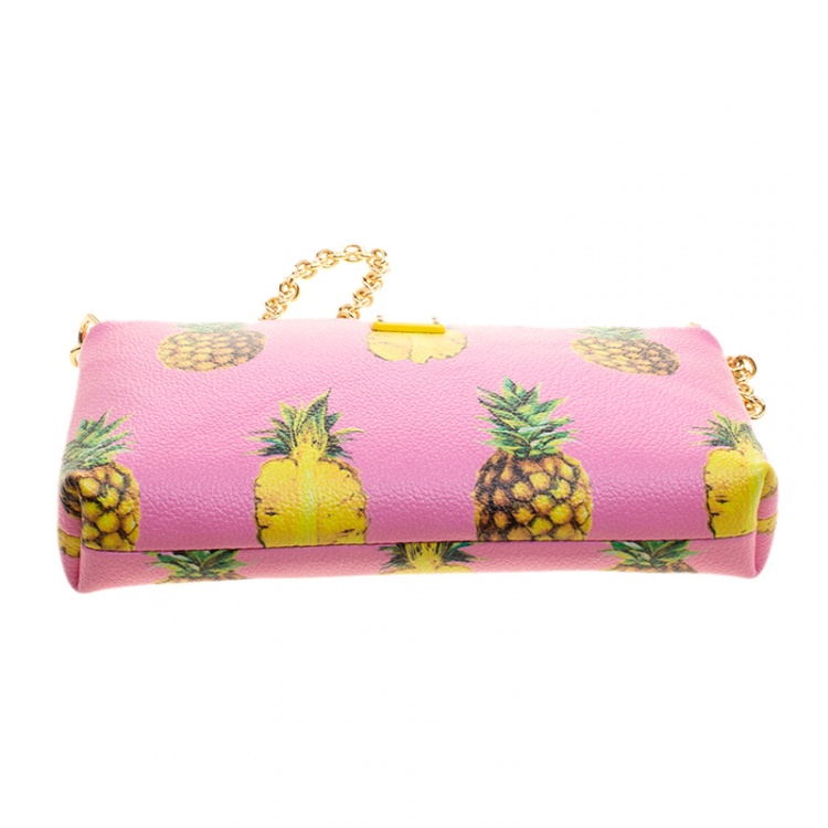 Pre Owned Dolce and Gabbana Pink Pineapple Print Leather Chain Clutch