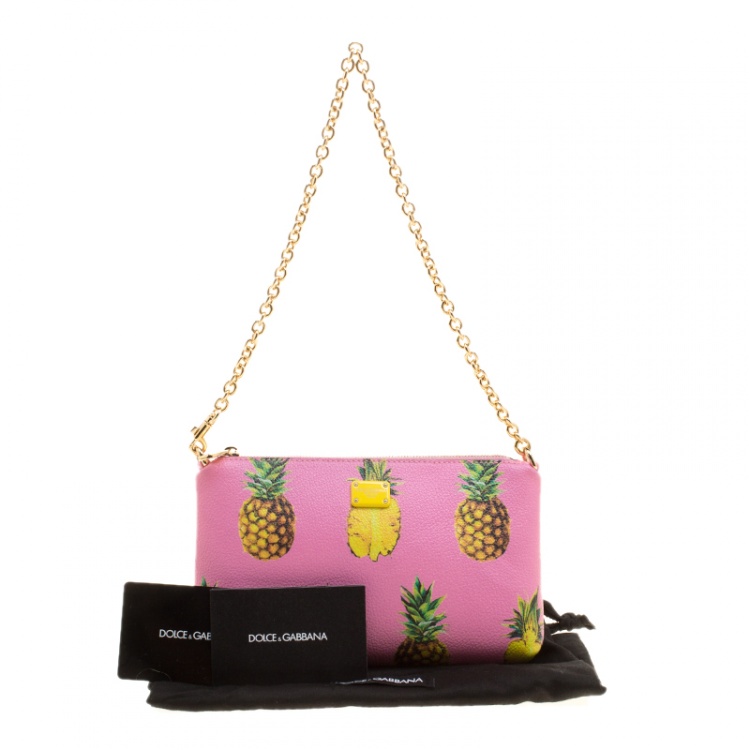Pre Owned Dolce and Gabbana Pink Pineapple Print Leather Chain Clutch