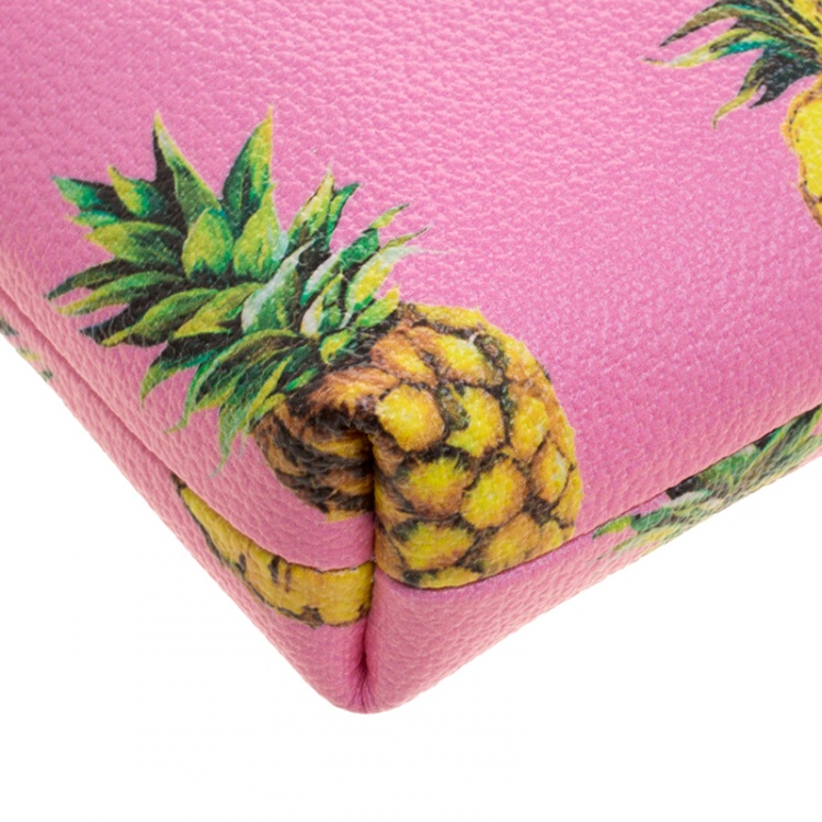Pre Owned Dolce and Gabbana Pink Pineapple Print Leather Chain Clutch