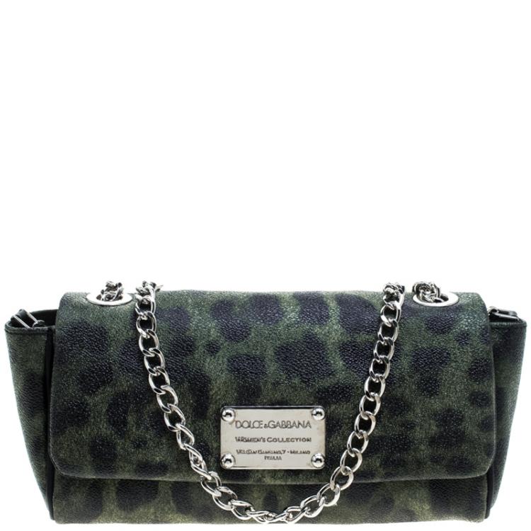 Pre Owned Dolce and Gabban Green Leopard Print Coated Canvas Small Chain Shoulder Bag