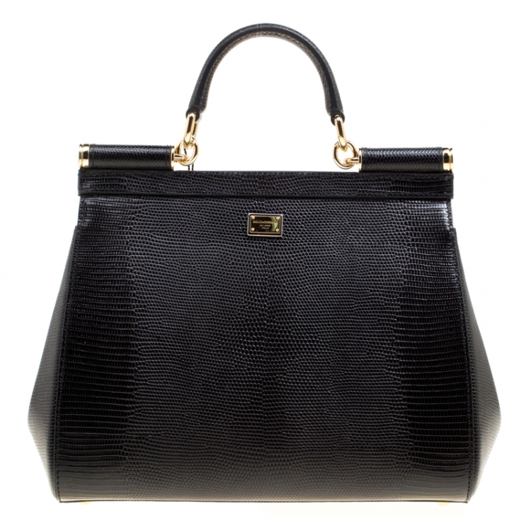 Pre Owned Dolce and Gabbana Black Leather Medium Sicily Santa Top Handle Bag