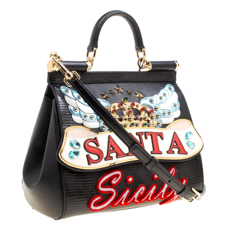 Pre Owned Dolce and Gabbana Black Leather Medium Sicily Santa Top Handle Bag