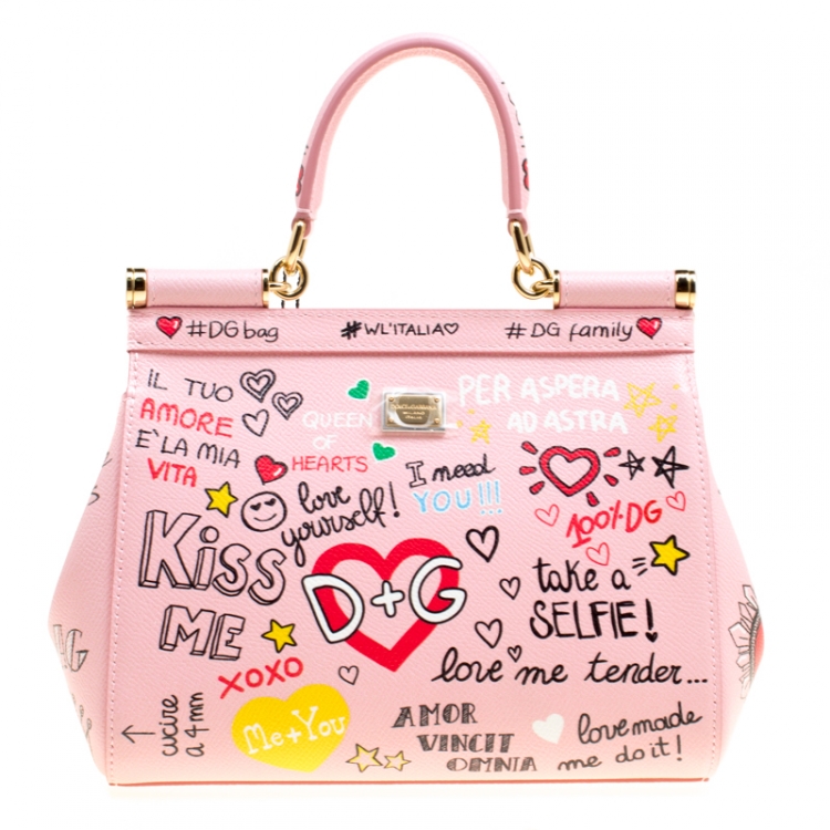 Pre Owned Dolce and Gabbana Blush Pink Leather Small Sicily Graffiti Top Handle Bag