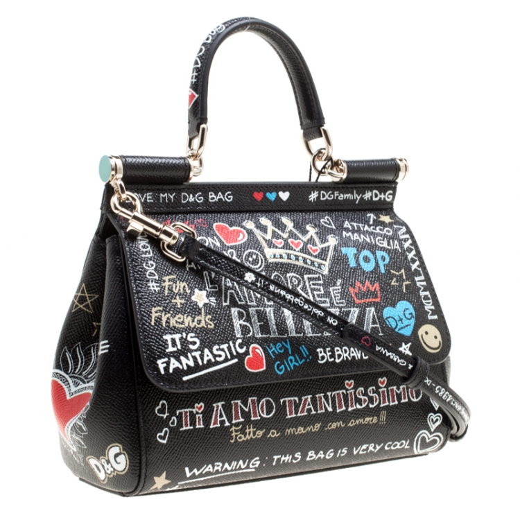 Pre Owned Dolce and Gabbana Black Leather Small Sicily Graffiti Top Handle Bag