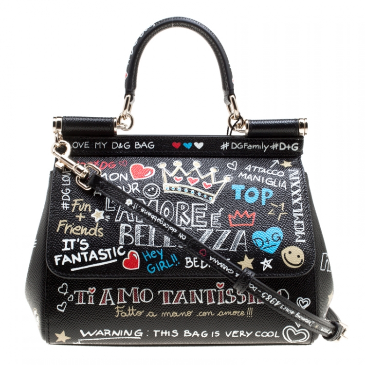Pre Owned Dolce and Gabbana Black Leather Small Sicily Graffiti Top Handle Bag