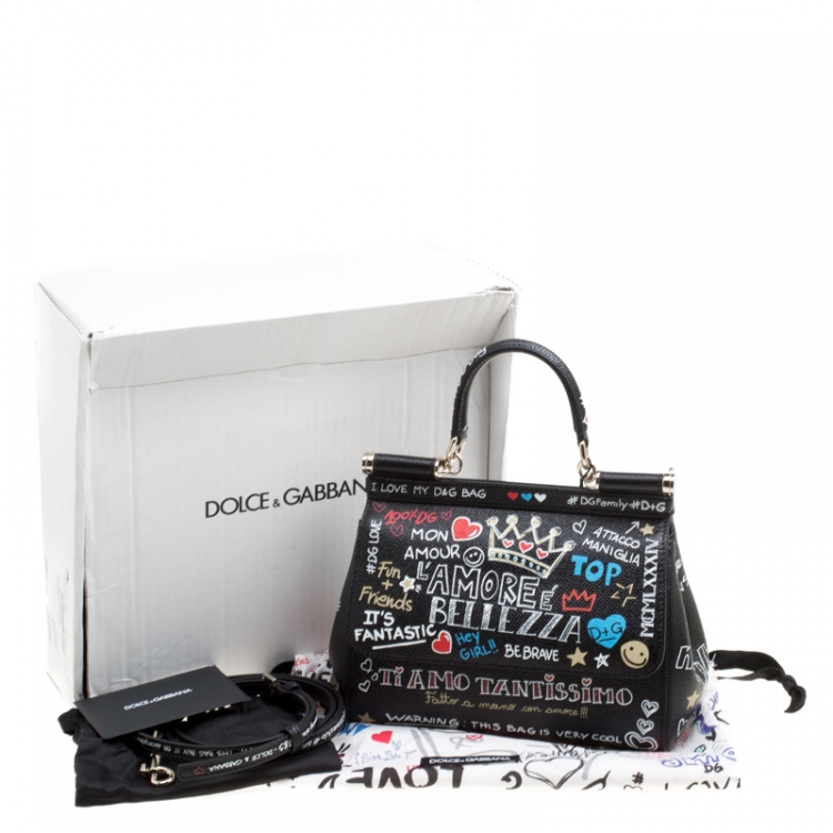 Pre Owned Dolce and Gabbana Black Leather Small Sicily Graffiti Top Handle Bag