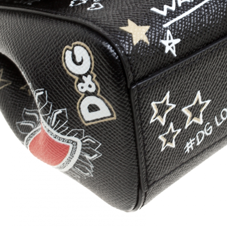 Pre Owned Dolce and Gabbana Black Leather Small Sicily Graffiti Top Handle Bag