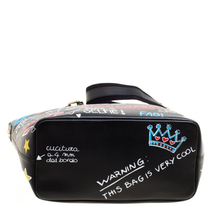 Pre Owned Dolce and Gabbana Black Leather Beatrice Graffiti Shopper