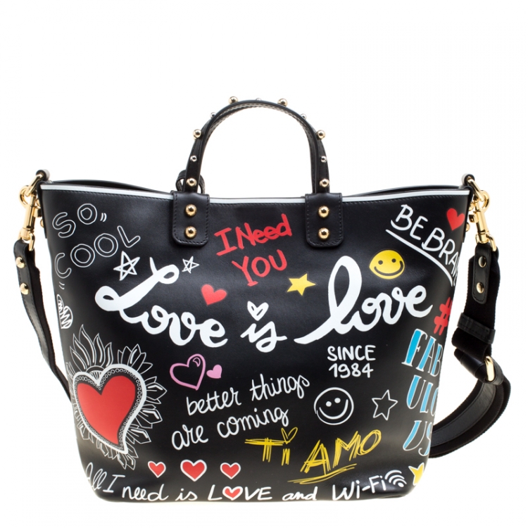 Pre Owned Dolce and Gabbana Black Leather Beatrice Graffiti Shopper