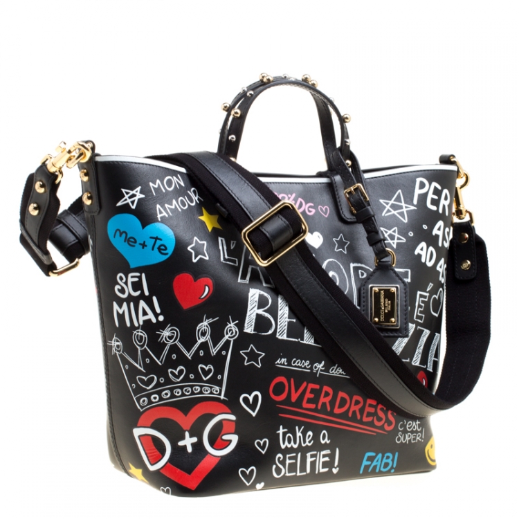 Pre Owned Dolce and Gabbana Black Leather Beatrice Graffiti Shopper