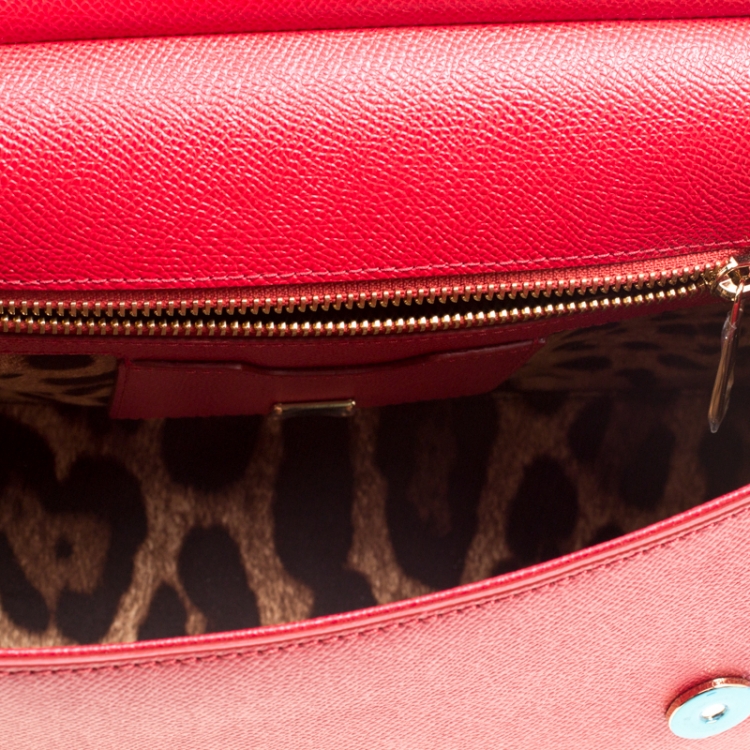 Pre Owned Dolce and Gabbana Red Leather Medium Embellished Miss Sicily Top Handle Bag