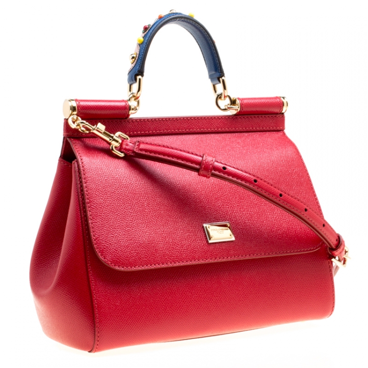 Pre Owned Dolce and Gabbana Red Leather Medium Embellished Miss Sicily Top Handle Bag