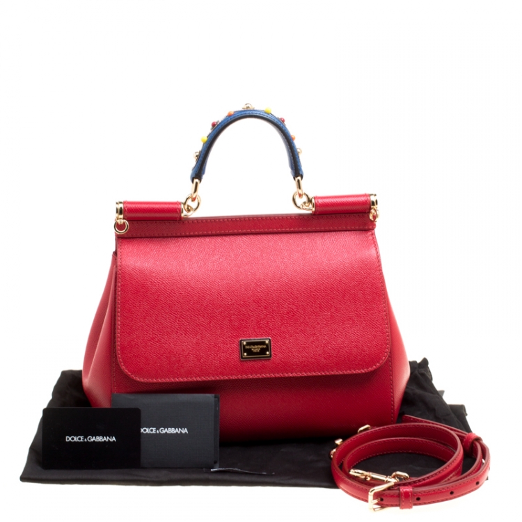Pre Owned Dolce and Gabbana Red Leather Medium Embellished Miss Sicily Top Handle Bag