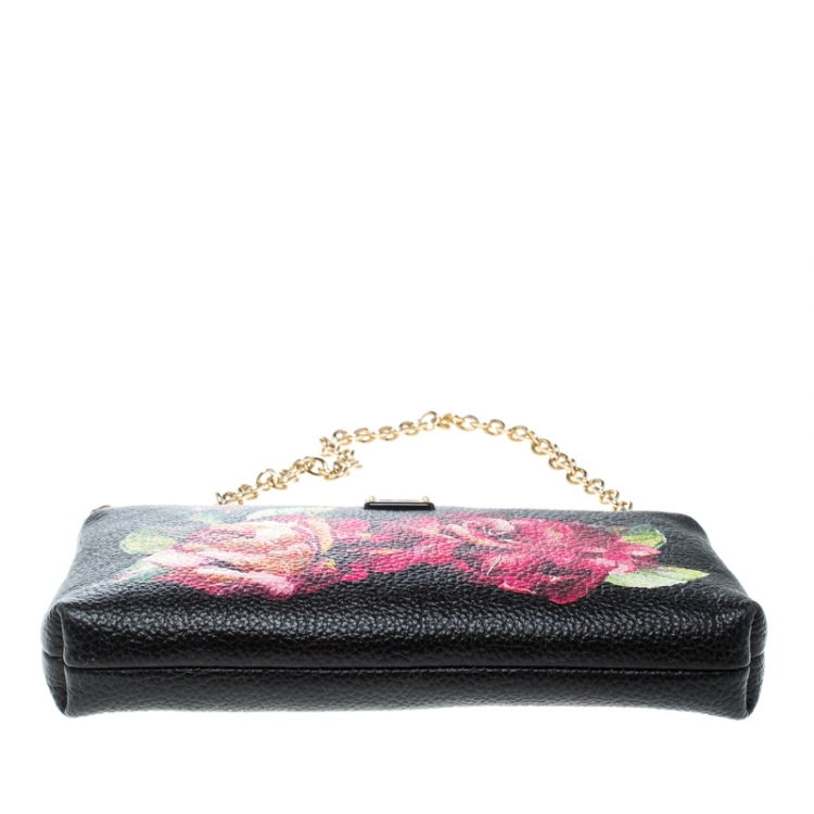 Pre Owned Dolce & Gabbana Black Floral Print Leather Chain Clutch
