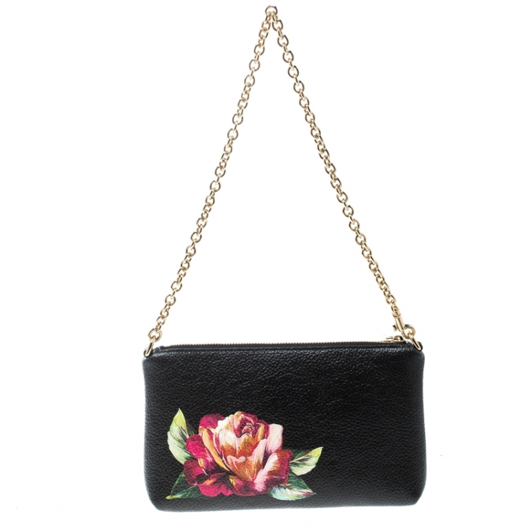 Pre Owned Dolce & Gabbana Black Floral Print Leather Chain Clutch
