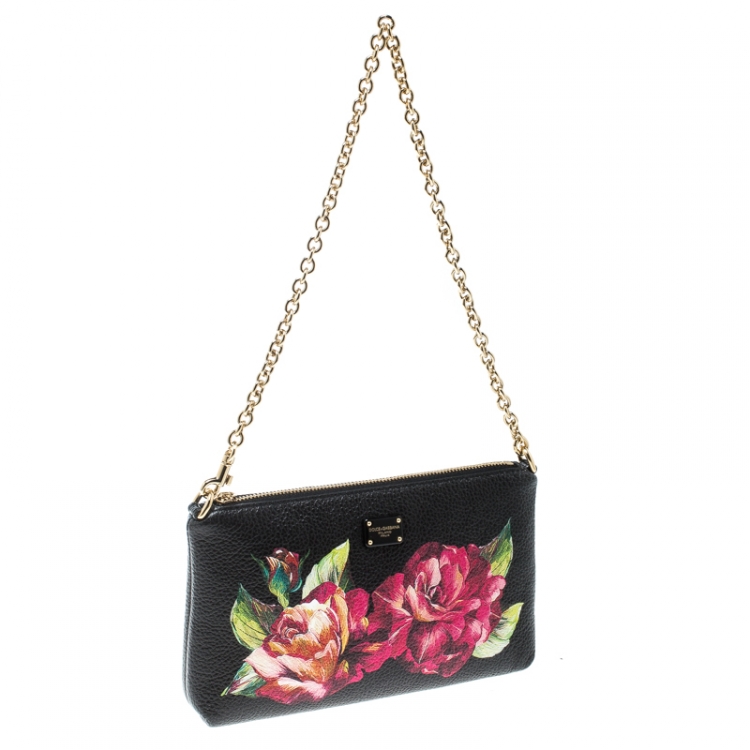 Pre Owned Dolce & Gabbana Black Floral Print Leather Chain Clutch