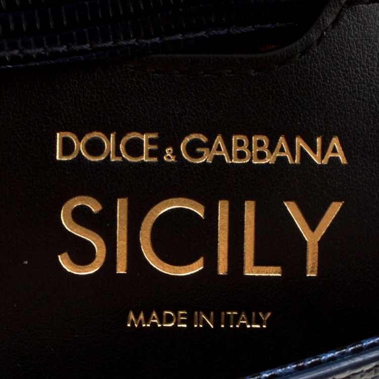 Pre Owned Dolce and Gabbana Blue Iguana Embossed Leather Small Crystal Embellished Logo Sicily Top Handle Bag