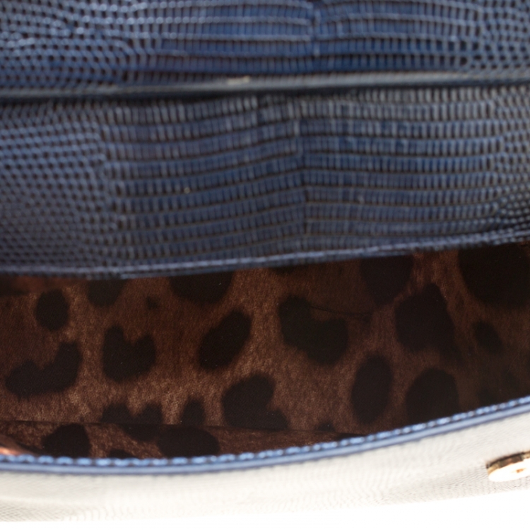 Pre Owned Dolce and Gabbana Blue Iguana Embossed Leather Small Crystal Embellished Logo Sicily Top Handle Bag
