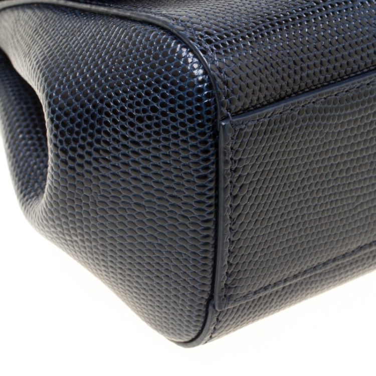 Pre Owned Dolce and Gabbana Blue Iguana Embossed Leather Small Crystal Embellished Logo Sicily Top Handle Bag