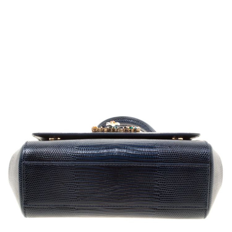 Pre Owned Dolce and Gabbana Blue Iguana Embossed Leather Small Crystal Embellished Logo Sicily Top Handle Bag