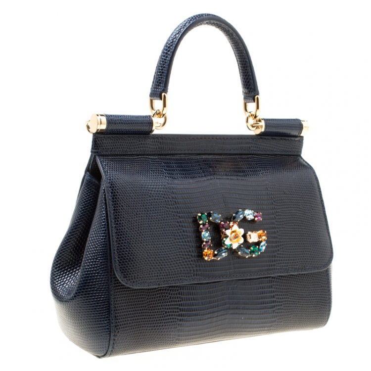 Pre Owned Dolce and Gabbana Blue Iguana Embossed Leather Small Crystal Embellished Logo Sicily Top Handle Bag