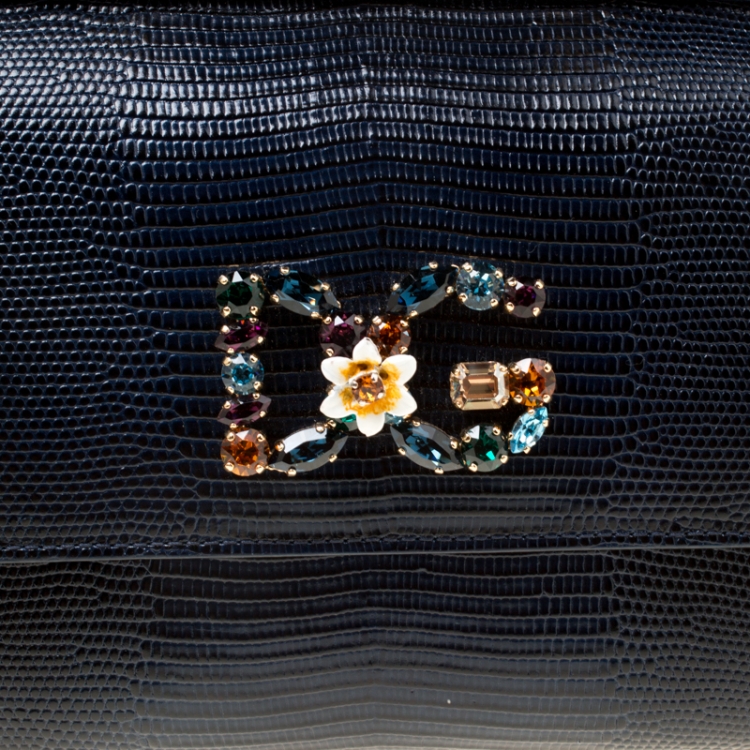 Pre Owned Dolce and Gabbana Blue Iguana Embossed Leather Small Crystal Embellished Logo Sicily Top Handle Bag