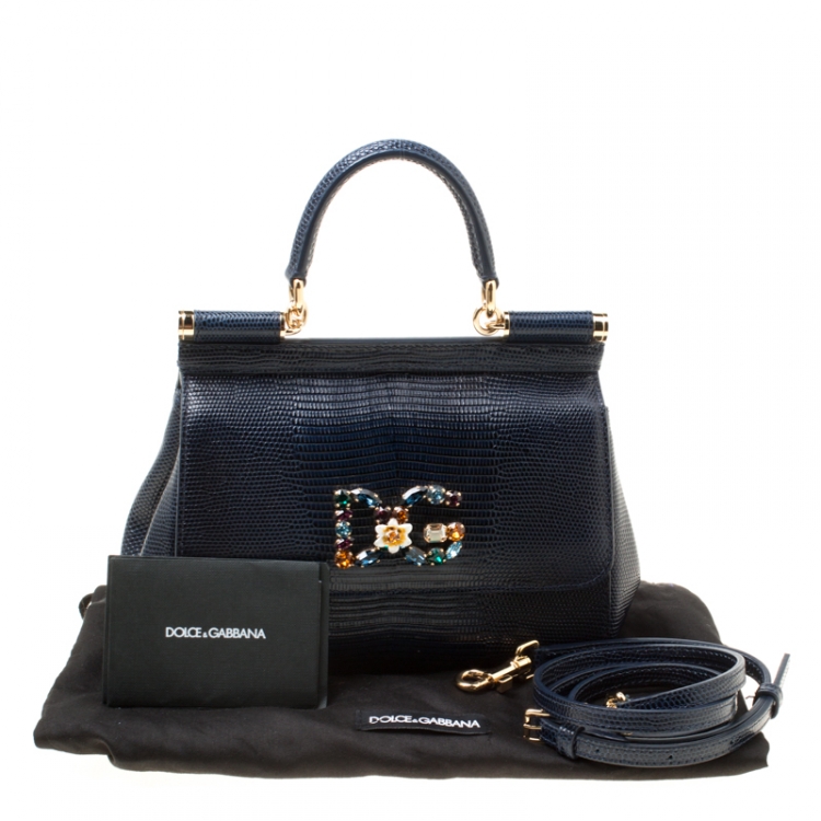 Pre Owned Dolce and Gabbana Blue Iguana Embossed Leather Small Crystal Embellished Logo Sicily Top Handle Bag
