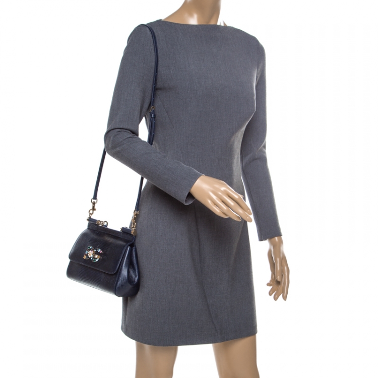 Pre Owned Dolce and Gabbana Blue Iguana Embossed Leather Small Crystal Embellished Logo Sicily Top Handle Bag