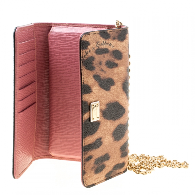 Pre Owned Dolce and Gabbana Brown Leopard Print Coated Canvas Dauphine Wallet On Chain