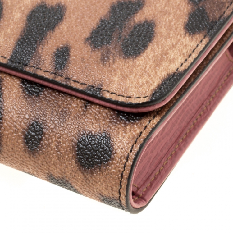 Pre Owned Dolce and Gabbana Brown Leopard Print Coated Canvas Dauphine Wallet On Chain