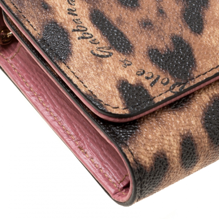 Pre Owned Dolce and Gabbana Brown Leopard Print Coated Canvas Dauphine Wallet On Chain