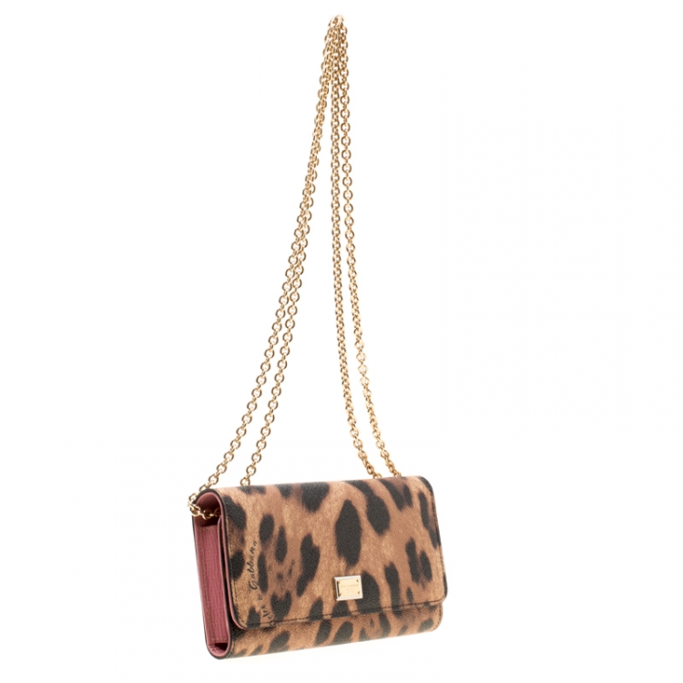 Pre Owned Dolce and Gabbana Brown Leopard Print Coated Canvas Dauphine Wallet On Chain