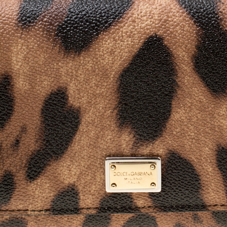 Pre Owned Dolce and Gabbana Brown Leopard Print Coated Canvas Dauphine Wallet On Chain