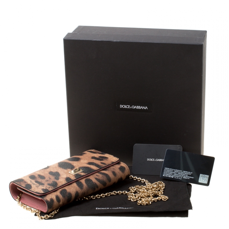 Pre Owned Dolce and Gabbana Brown Leopard Print Coated Canvas Dauphine Wallet On Chain