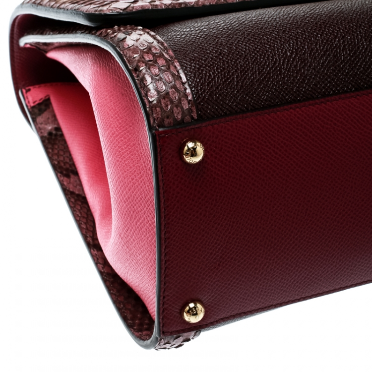 Pre Owned Dolce and Gabbana Burgundy Leather and Python Trim Medium Miss Monica Top Handle Bag