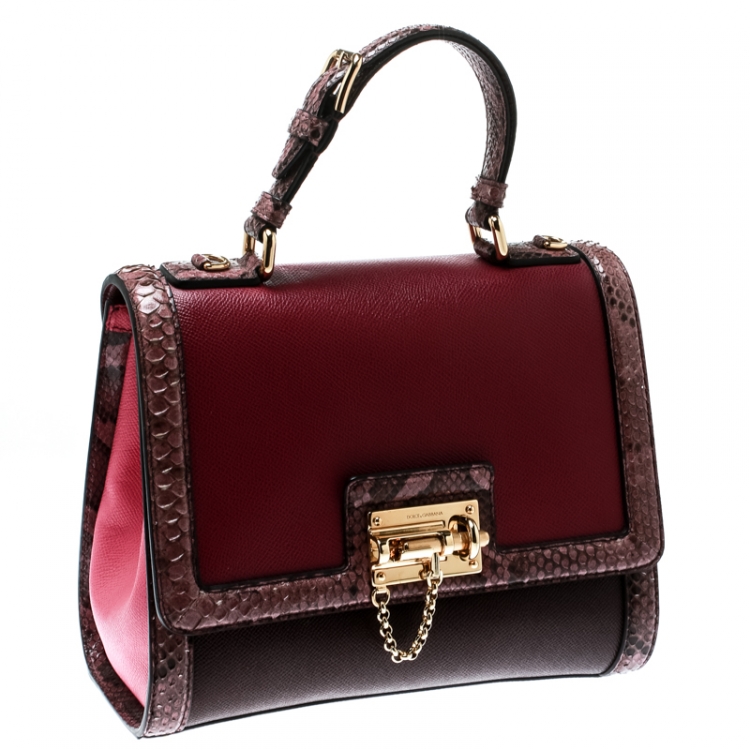 Pre Owned Dolce and Gabbana Burgundy Leather and Python Trim Medium Miss Monica Top Handle Bag