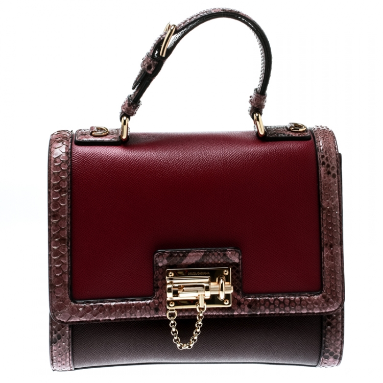 Pre Owned Dolce and Gabbana Burgundy Leather and Python Trim Medium Miss Monica Top Handle Bag