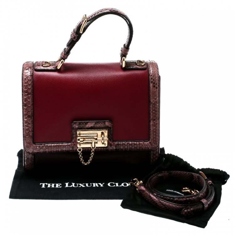 Pre Owned Dolce and Gabbana Burgundy Leather and Python Trim Medium Miss Monica Top Handle Bag