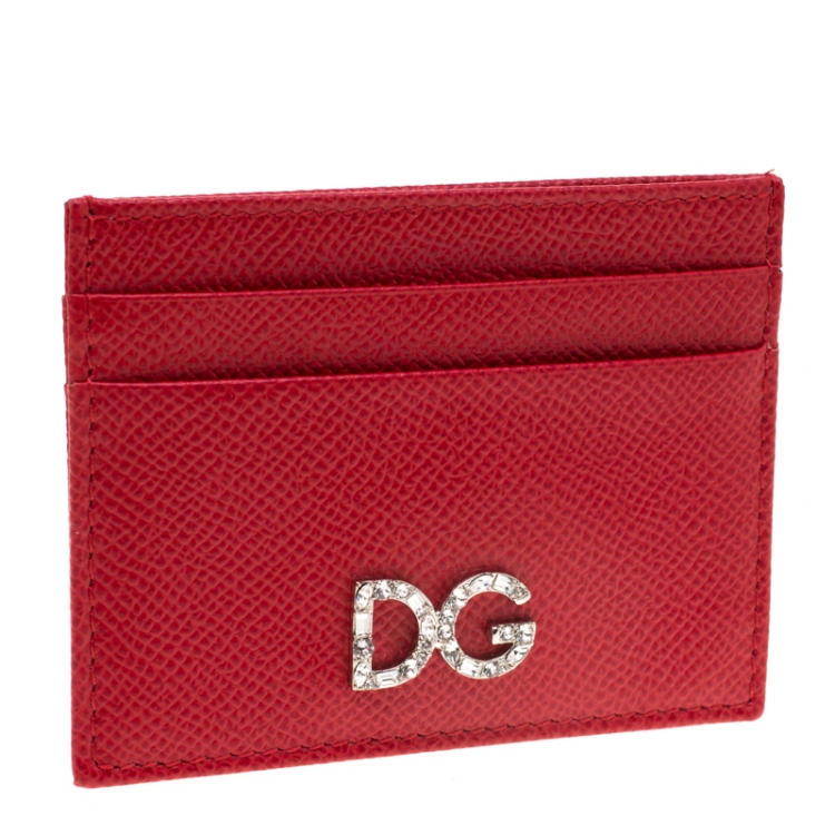 Pre Owned Dolce and Gabbana Red Leather Rhinestone Logo Card Holder