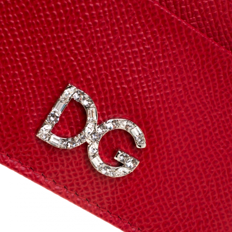 Pre Owned Dolce and Gabbana Red Leather Rhinestone Logo Card Holder