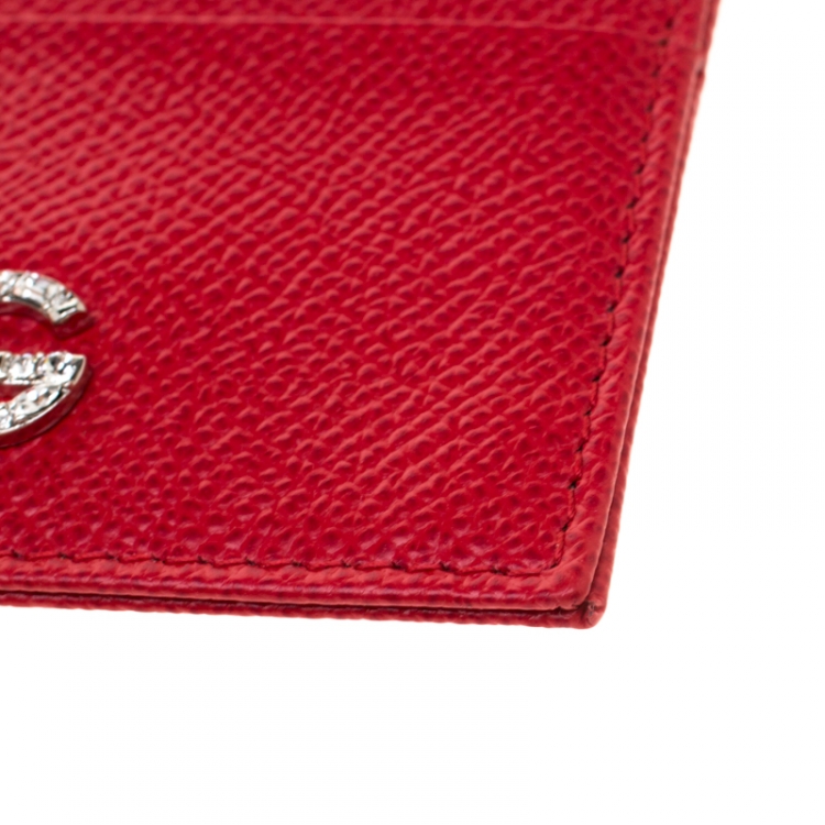 Pre Owned Dolce and Gabbana Red Leather Rhinestone Logo Card Holder