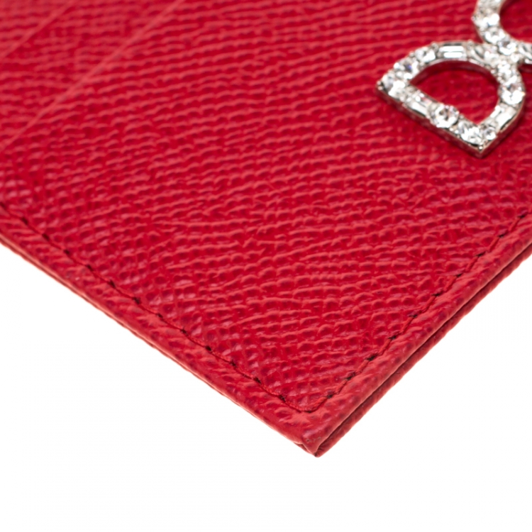 Pre Owned Dolce and Gabbana Red Leather Rhinestone Logo Card Holder