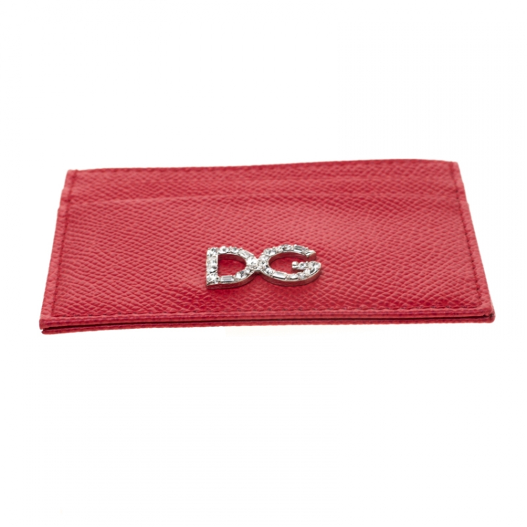 Pre Owned Dolce and Gabbana Red Leather Rhinestone Logo Card Holder